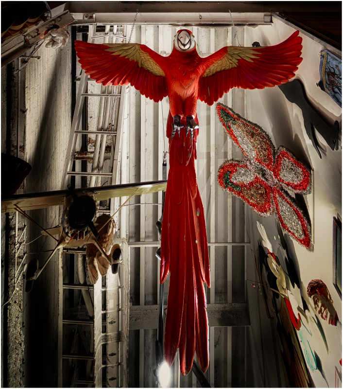 A large red parrot sculpture hangs from the ceiling in a narrow space.