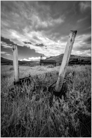 Weathered wooden posts in a grassy field, remnants of Bodie's past infrastructure.