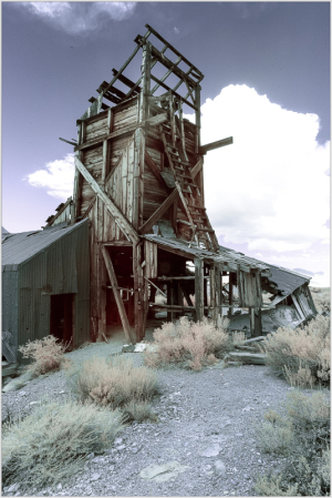 Abandoned wooden structure with a tall tower, surrounded by overgrown vegetation.