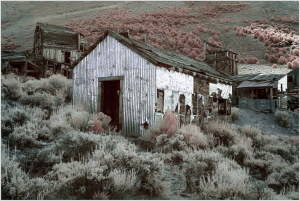 A weathered wooden building stands amidst overgrown brush and hills, evoking a sense of desolation.