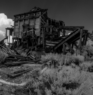 Abandoned wooden structure in a state of decay, surrounded by overgrown vegetation.