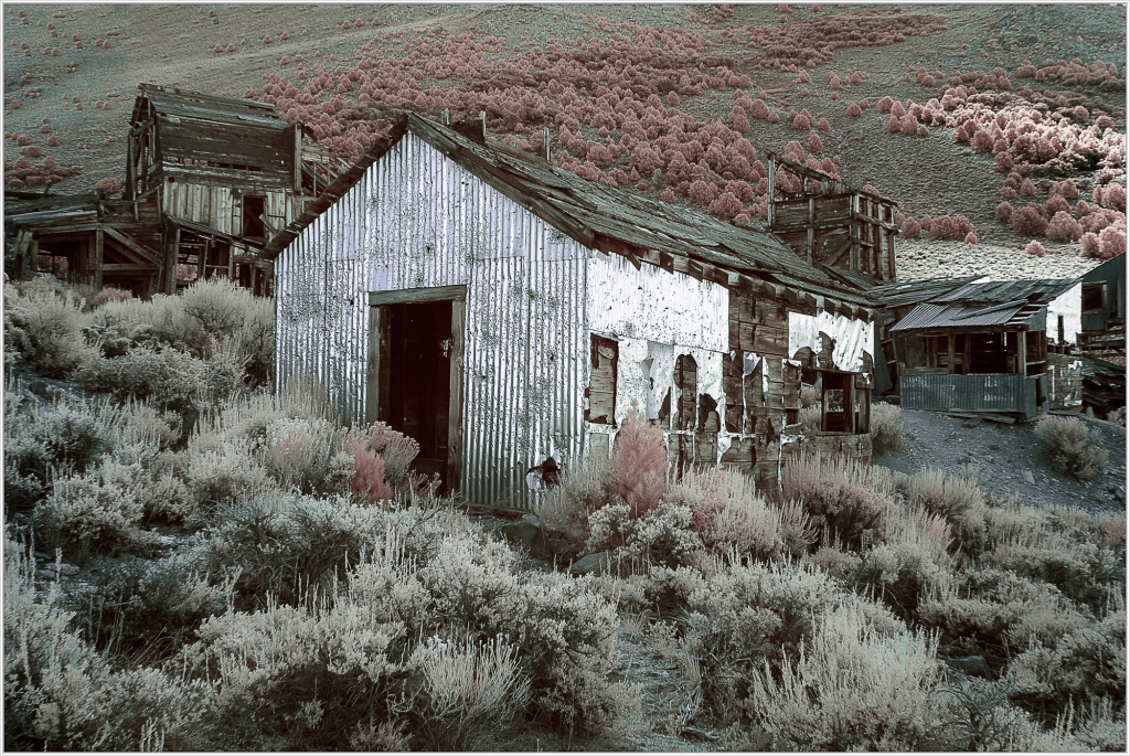 A weathered wooden building stands amidst overgrown brush and hills, evoking a sense of desolation.