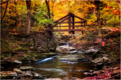 A wooden bridge arches over a gentle stream in a vibrant autumn forest.
