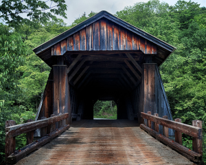 A weathered wooden covered bridge surrounded by lush green trees.