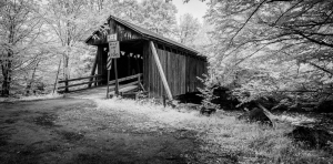 A black and white image of a covered bridge surrounded by trees.