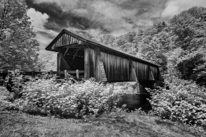 A weathered covered bridge stands amidst lush greenery, embodying quiet strength and history.