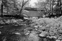 A covered bridge looms over a meandering creek, surrounded by whispering trees.