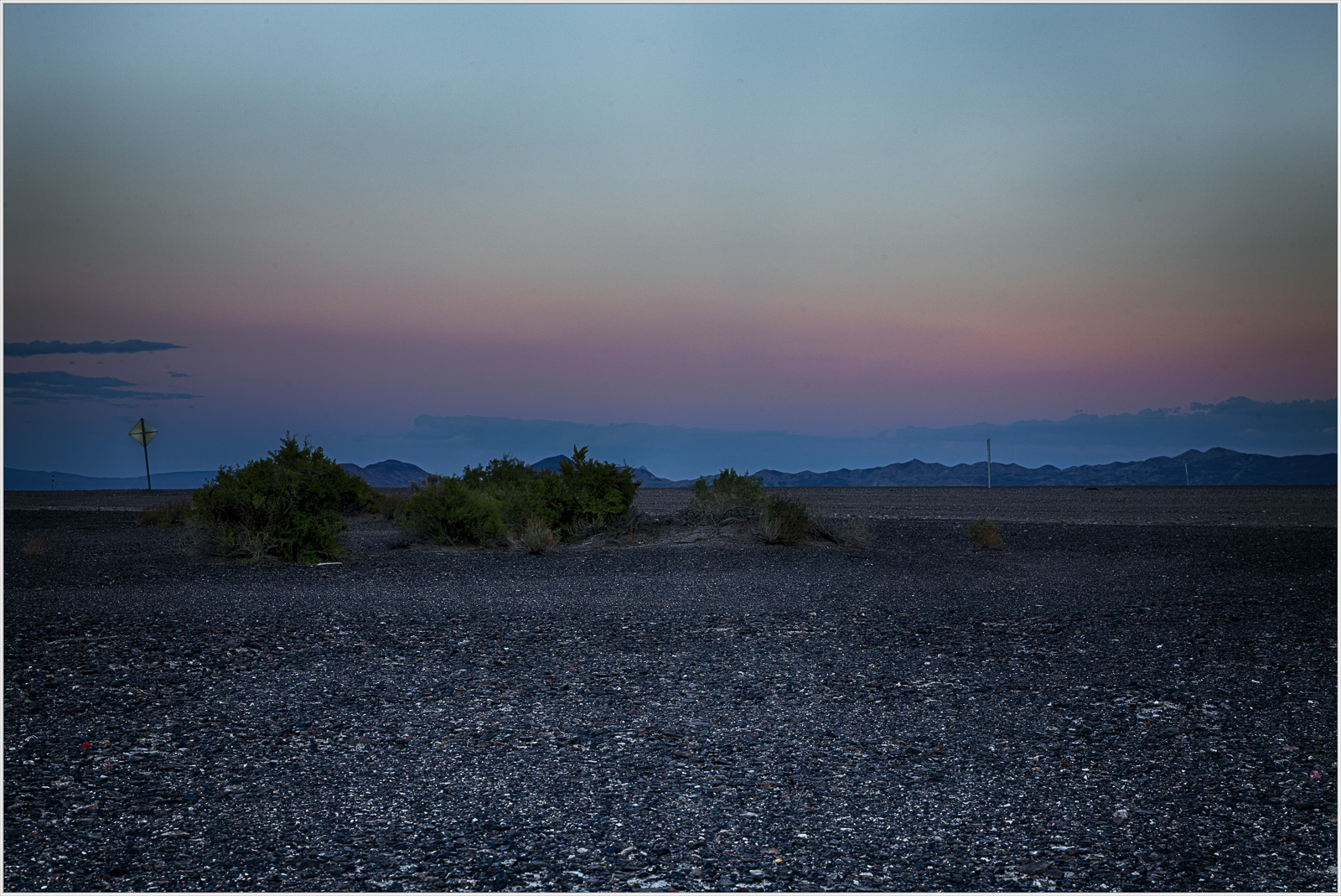 A vast, dark landscape under a pastel sky, dotted with sparse vegetation.