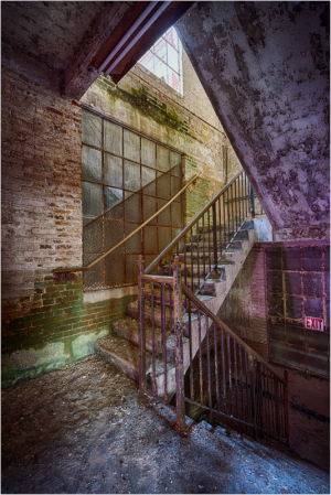 A worn staircase in an abandoned building, with peeling paint and a hint of greenery.