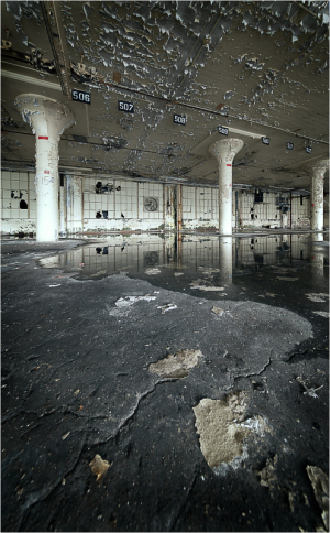 Abandoned space with cracked floor and peeling walls, haunting and raw.
