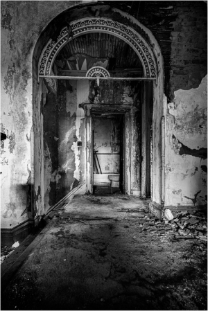 A dimly lit hallway with peeling walls and an enigmatic door at the end.
