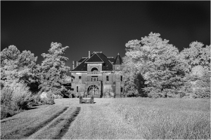 An old, grand building looms behind lush trees under an oddly monochrome sky.