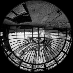 A circular view of a dilapidated glass structure, nature reclaiming the space.