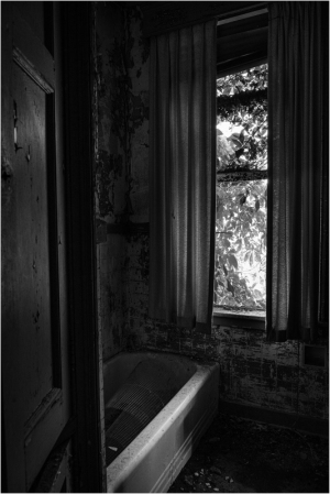 A faded bathtub sits in a dim, abandoned room, surrounded by peeling walls and shadows.