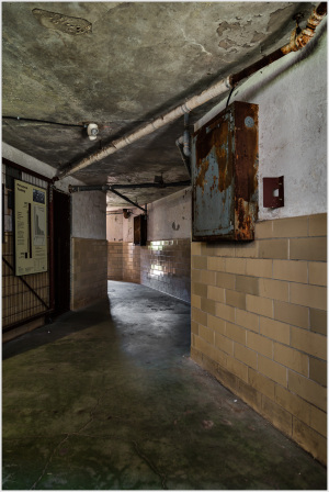 A dimly lit corridor in an old building with peeling walls and a rusty metal box.