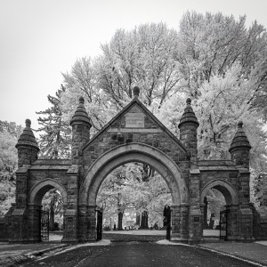 A grand, gothic archway at Eaton Cemetery, framed by eerie, leafless trees.
