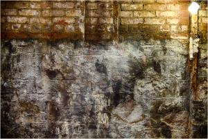 A weathered brick wall, shadows deep and secrets hidden.