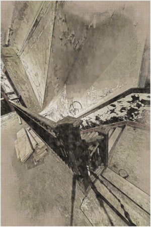 A staircase spirals into a dreamlike abyss, shadows dance upon the walls.