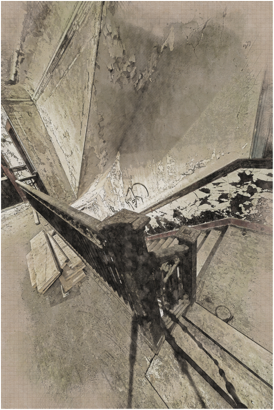 A staircase spirals into a dreamlike abyss, shadows dance upon the walls.