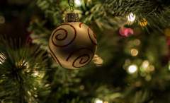 A golden Christmas ornament with red swirls hangs from a pine branch.