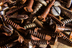 A chaotic mix of rusty screws and bolts, each with its own story of wear and tear.