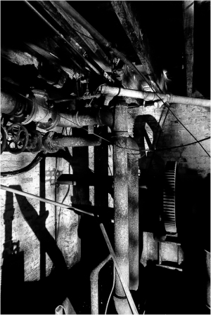 A dimly lit industrial space with rusted pipes and shadows creeping along the walls.