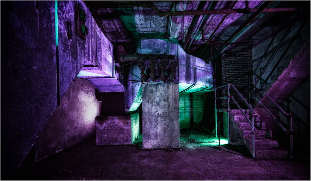 A dimly lit, foreboding interior with twisted shadows and unnatural hues.