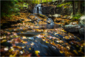 A serene waterfall cascades over rocks, surrounded by autumn leaves.