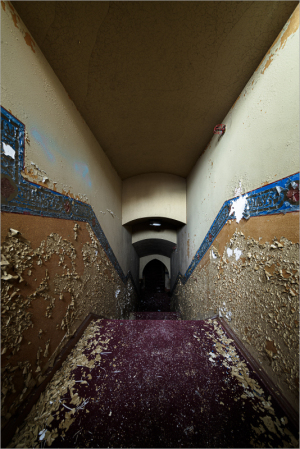 A dimly lit, peeling hallway with a red carpet leading to an archway.