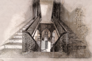A grand staircase with ornate railings, leading into shadowy depths.