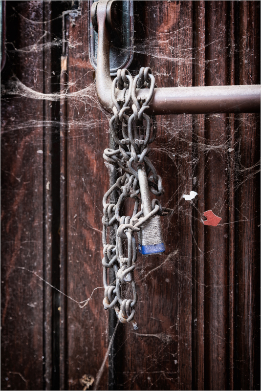 A rusted chain and padlock cling to a weathered door, shrouded in cobwebs.