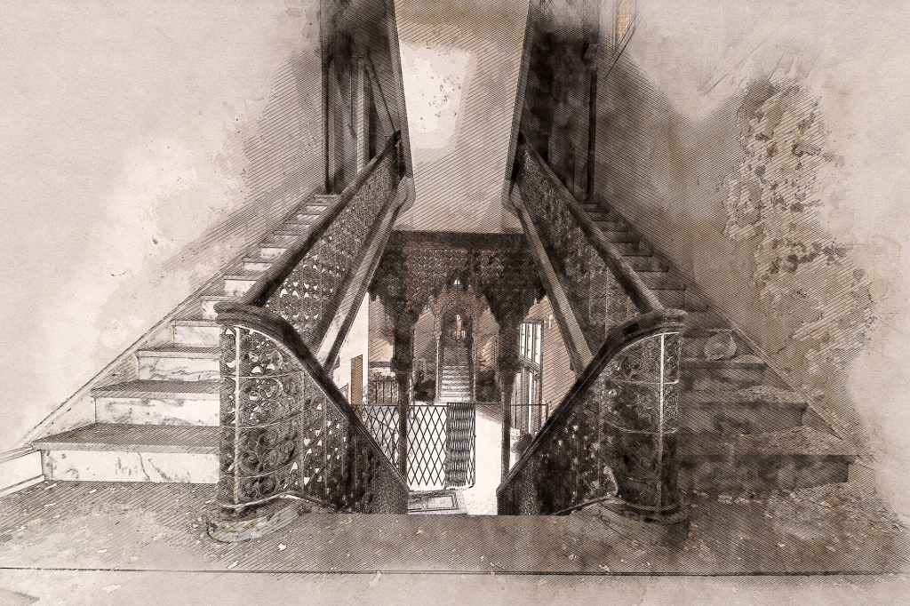 A grand staircase with ornate railings, leading into shadowy depths.