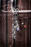 A rusted chain and padlock cling to a weathered door, shrouded in cobwebs.