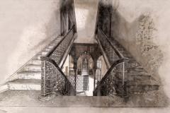 A grand staircase with ornate railings, leading into shadowy depths.