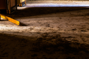 Dimly lit interior with shadows and dirt on the floor