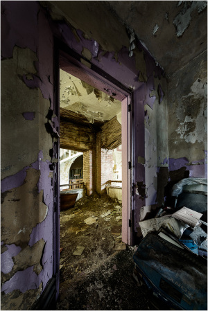 A doorway leads into a decaying room, walls peeling, shadows lurking.