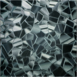 A mosaic of fragmented, reflective surfaces in shades of gray and silver.