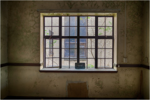 A window framed by peeling walls, showcasing a glimpse of nature intertwined with architecture.