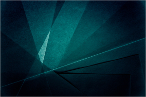 Geometric patterns in dark teal and gray create a modern aesthetic with sharp angles.