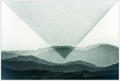 Geometric shape intersects layered mountain silhouettes in monochromatic tones.