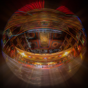 A grand theatre interior with vibrant colors and intricate details, evoking a dreamlike atmosphere.