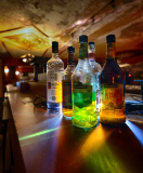 A collection of illuminated bottles on a bar, casting colorful reflections in the dim light.