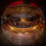 A grand theatre interior with vibrant colors and intricate details, evoking a dreamlike atmosphere.