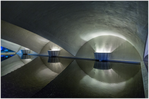 Interior view of a modern architectural space with curved walls and reflective water surfaces.