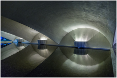 Interior view of a modern architectural space with curved walls and reflective water surfaces.