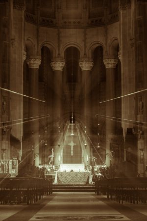 A grand cathedral interior with dramatic lighting and shadows.