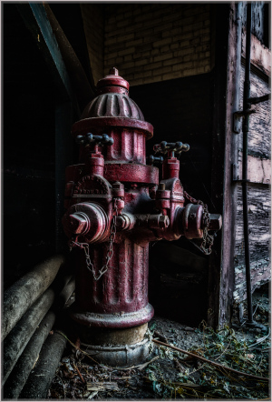 A weathered red fire hydrant stands in the shadows, chains draping like a fallen curtain.