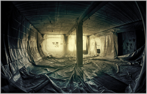 A desolate, draped chamber exuding an eldritch aura; shadows entwine with light.