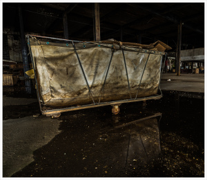 A rusted cart in a dilapidated industrial space, forgotten and still.