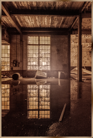 Luminous reflections dance upon stagnant waters, whispering tales of faded grandeur.